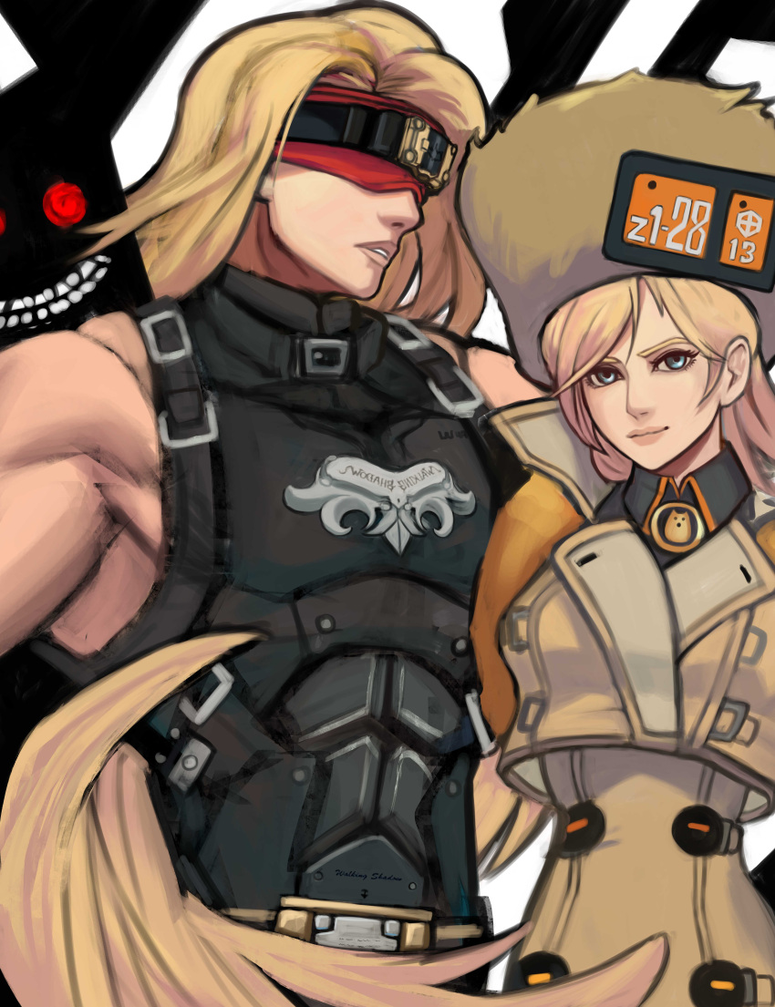 1boy 1girl absurdres belt_buckle black_clothes blonde_hair blue_eyes buckle coat covered_eyes fur_hat guilty_gear guilty_gear_strive hat highres long_hair millia_rage straight_hair zato-1