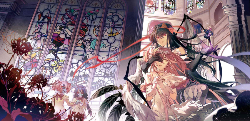 2girls akemi_homura akuma_homura architecture argyle argyle_legwear backlighting bare_shoulders black_gloves black_hair black_hairband black_skirt black_wings braid choker clara_dolls_(madoka_magica) closed_mouth covered_navel covering_another's_eye covering_one_eye dark_orb_(madoka_magica) dress elbow_gloves evil_smile expressionless eyebrows_visible_through_hair eyes_visible_through_hair feathered_wings flat_chest floating_hair flower frilled_dress frills glasses gloves goddess_madoka grey_legwear hair_ribbon hairband half-closed_eyes hand_on_another's_face hand_up hands_clasped hands_up highres holding_hands indoors juliet_sleeves kaname_madoka kyubey layered_dress layered_sleeves light_particles long_hair long_sleeves looking_at_viewer mahou_shoujo_madoka_magica mahou_shoujo_madoka_magica_movie miki_sayaka mitakihara_school_uniform multiple_girls one_eye_covered own_hands_together palace parted_lips pink_hair plaid plaid_skirt pleated_skirt puffy_sleeves red-framed_eyewear red_flower red_ribbon ribbon ringed_eyes sakura_kyouko school_uniform skirt smile soul_gem sparkle spider_lily stained_glass sunlight thigh-highs twin_braids twintails two_side_up very_long_hair violet_eyes white_choker white_dress white_gloves white_ribbon white_wings wide_sleeves window wings yellow_eyes zgxuke