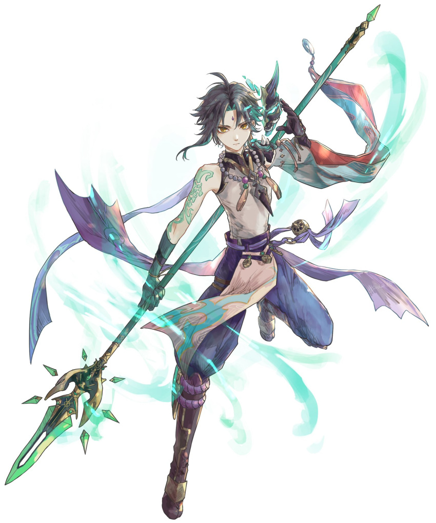 1boy ahoge aqua_hair arm_tattoo bangs bead_necklace beads black_gloves black_hair closed_mouth commentary_request facial_mark forehead_mark full_body genshin_impact gloves gradient_hair highres holding holding_weapon jewelry leg_up male_focus mask multicolored_hair necklace polearm shiraishi_(siraisi00) simple_background solo spear spikes tattoo weapon white_background xiao_(genshin_impact) yellow_eyes