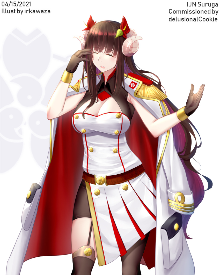 1girl 2021 aiguillette artist_name asymmetrical_legwear azur_lane black_gloves breasts brown_hair buttons character_name cleavage_cutout closed_eyes clothing_cutout coat coat_on_shoulders curled_horns double-breasted epaulettes eyebrows_visible_through_hair flower garter_straps gloves hair_flower hair_ornament highres horns irkawaza large_breasts long_hair open_clothes open_coat pleated_skirt red_skirt sakura_empire_(emblem) sakuramon simple_background skirt solo suruga_(azur_lane) two-tone_skirt very_long_hair white_background white_coat white_skirt