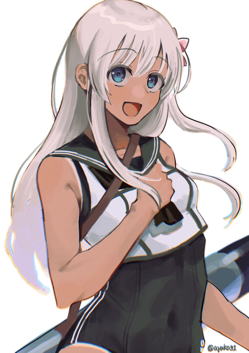 1girl ayuko91 black_neckwear black_sailor_collar black_swimsuit blonde_hair blue_eyes crop_top flower hair_flower hair_ornament highres kantai_collection long_hair looking_at_viewer neckerchief one-piece_tan ro-500_(kancolle) sailor_collar shirt simple_background sleeveless sleeveless_shirt smile solo swimsuit swimsuit_under_clothes tan tanline torpedo white_background
