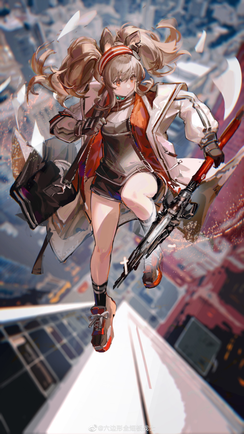 1girl absurdres angelina_(arknights) animal_ears arknights bag bare_legs black_footwear black_gloves black_shirt black_shorts blurry blurry_background brown_hair city_below cityscape commentary_request floating fox_ears full_body gloves hairband headset highres holding holding_staff infection_monitor_(arknights) jacket long_hair long_sleeves midair neriash orange_eyes outdoors papers red_hairband red_jacket shirt shoes shorts shoulder_bag sneakers socks solo staff striped striped_hairband twintails weibo_logo weibo_username white_jacket