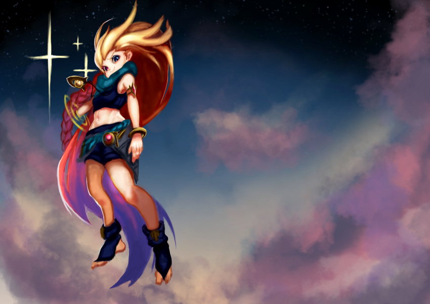 1girl absurdres armlet bare_shoulders blonde_hair blue_eyes bracelet closed_mouth clouds cloudy_sky diffraction_spikes floating gem heterochromia highres jewelry key league_of_legends long_hair midriff multicolored multicolored_hair navel necklace no_shoes orange_hair outdoors painterly portal_(object) purple_hair scarf sky smile solo star_(sky) starry_sky very_long_hair violet_eyes zoe_(league_of_legends) zombie_(saketyaduke_umeee)