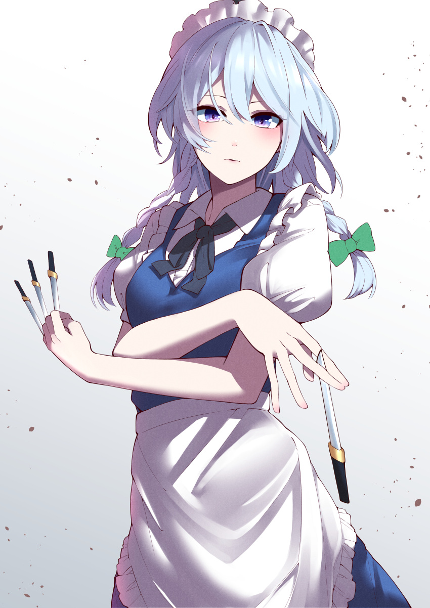 1girl absurdres apron bangs black_neckwear blue_dress blush bow crossed_arms dress eyebrows_visible_through_hair eyes_visible_through_hair green_bow hair_between_eyes hands_up highres izayoi_sakuya keenii_(kenny86) knife looking_at_viewer maid maid_apron maid_headdress short_hair short_sleeves silver_hair simple_background solo touhou violet_eyes white_background white_sleeves