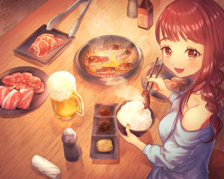 1girl bangs brown_eyes brown_hair chopsticks food grey_shirt highres long_hair long_sleeves looking_at_viewer meat meriko_(piyoko5) open_mouth orange_nails original plate rice shadow shirt signature smile solo steam upper_body yakiniku