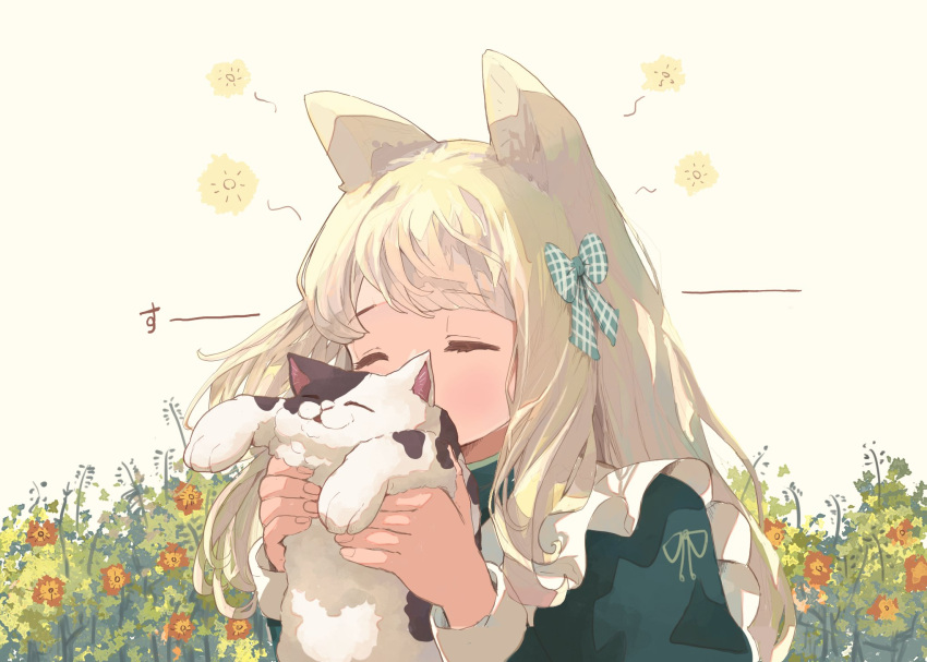 1girl animal animal_ears apron aqua_ribbon black_cat blonde_hair cat cat_ears closed_eyes commentary_request covered_mouth dress flower frilled_apron frills green_dress hair_ribbon hands_up highres holding holding_animal holding_cat long_hair long_sleeves oimo_imoo original plant ribbon simple_background smelling solo upper_body white_background white_cat
