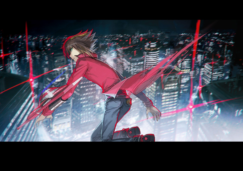 1boy black_shirt blue_pants brown_hair city city_lights cityscape clenched_teeth commentary_request duel_academy_uniform_(yu-gi-oh!_gx) duel_disk full_body green_eyes hair_between_eyes highres jacket letterboxed long_sleeves looking_at_viewer male_focus moribuden motion_blur multicolored_hair night pants pouch red_jacket shirt shoes short_hair solo teeth two-tone_hair yu-gi-oh! yu-gi-oh!_gx yuuki_juudai