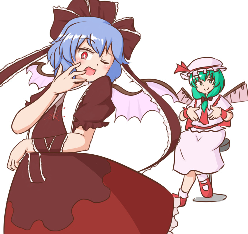 2girls arm_ribbon bangs bat_wings bow bright_pupils brown_bow brown_dress brown_ribbon cosplay costume_switch crossed_legs dress eyebrows_visible_through_hair fake_wings frilled_ribbon frills front_ponytail green_eyes green_hair hair_bow hair_ribbon hat hat_ribbon kagiyama_hina kagiyama_hina_(cosplay) looking_down mizusoba mob_cap multiple_girls one_eye_closed pink_headwear pink_legwear pink_shirt pink_skirt purple_hair red_eyes red_footwear red_neckwear red_ribbon remilia_scarlet remilia_scarlet_(cosplay) ribbon shirt short_hair simple_background sitting skirt standing stool touhou white_background white_pupils wings wrist_cuffs