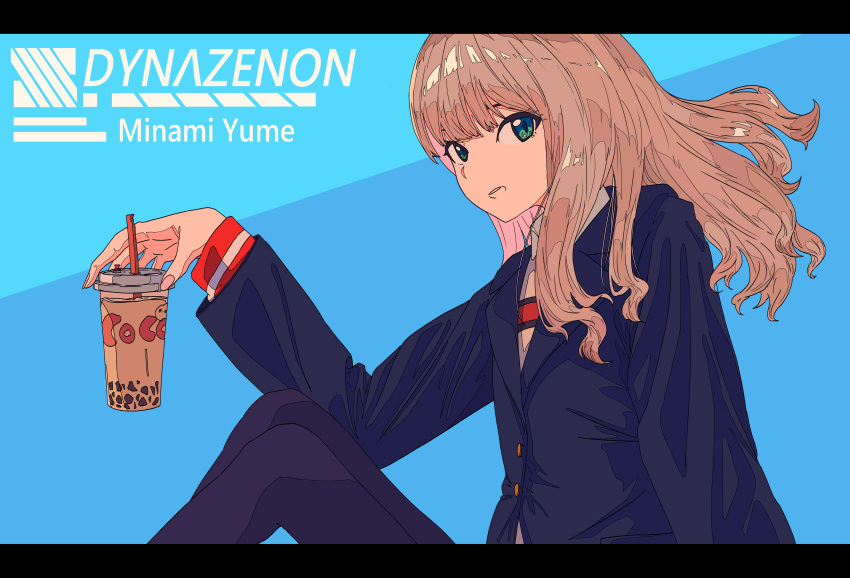 1girl absurdres black_border black_jacket black_legwear blue_background blue_eyes border brown_hair bubble_tea character_name collared_shirt commentary_request copyright_name from_side green_eyes gridman_universe hand_up highres jacket long_hair long_sleeves looking_at_viewer minami_yume multicolored multicolored_eyes open_mouth pants school_uniform shirt simple_background sitting solo ssss.dynazenon white_shirt yu_yin