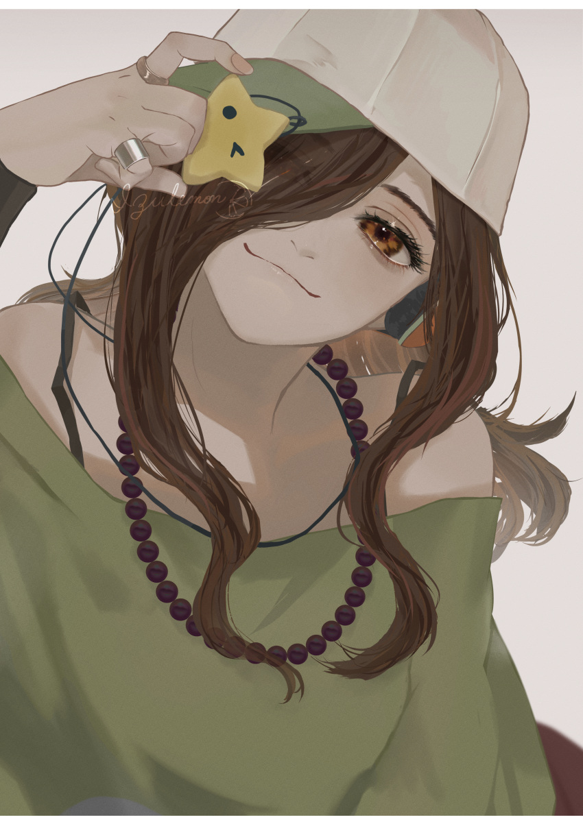 1girl :3 absurdres border brown_eyes brown_hair closed_mouth gaen_izuko green_shirt hair_over_one_eye highres holding huge_filesize izu_lemon jewelry letterboxed long_hair long_sleeves looking_at_viewer monogatari_(series) necklace off-shoulder_shirt off_shoulder ring shirt signature smile solo upper_body white_border