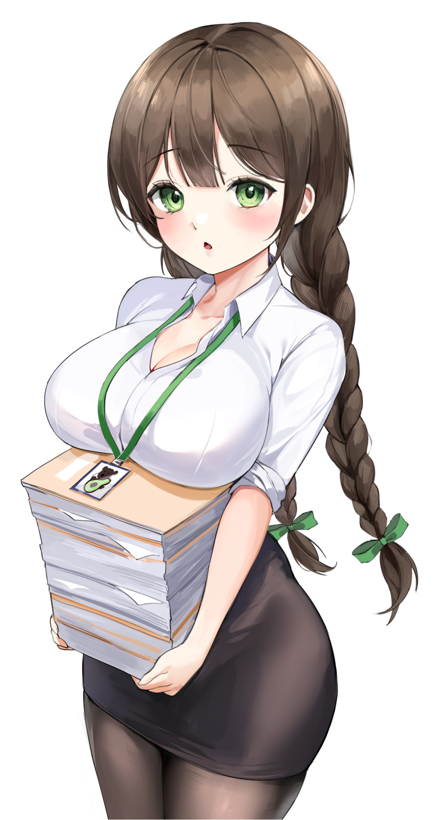 1girl bangs black_skirt blush book book_stack braid breasts brown_hair brown_legwear collared_shirt commentary commission cowboy_shot english_commentary eyebrows_visible_through_hair green_eyes green_ribbon hair_ribbon highres holding holding_book large_breasts lillly long_hair looking_at_viewer office_lady original pantyhose ribbon shirt skirt solo standing transparent_background twin_braids twintails very_long_hair white_shirt