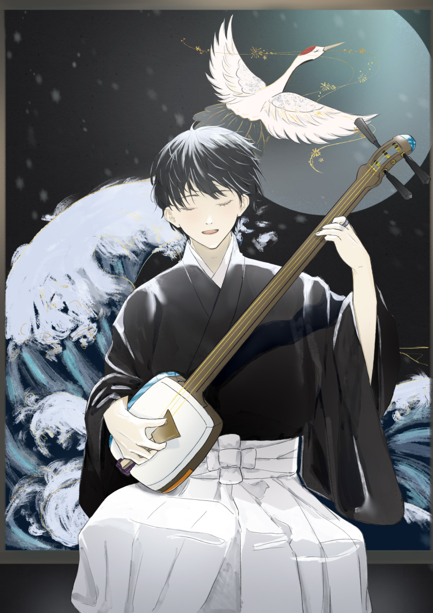 1boy absurdres bird black_background closed_eyes crane_(animal) facing_viewer hakama highres instrument japanese_clothes jewelry kimono mashiro_no_oto music playing_instrument plectrum ring sawamura_setsu shamisen singing sitting solo ssdreamer_0 waving