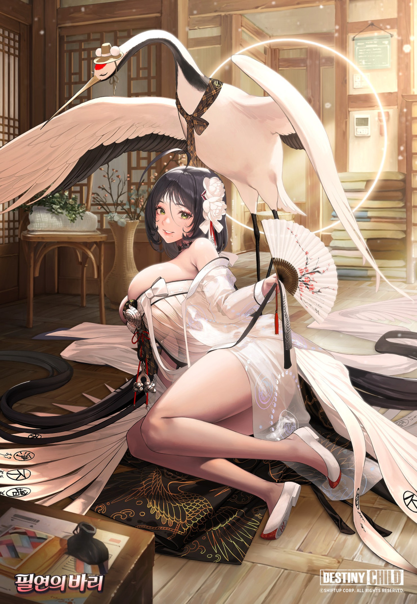 1girl ahoge all_fours bangs bare_shoulders bari_(destiny_child) bird black_hair breasts copyright_name destiny_child detached_sleeves dress fan full_body hair_ornament highres holding holding_fan indoors korean_text large_breasts logo long_hair looking_at_viewer mole mole_under_mouth official_art shoe_soles smile solo strapless strapless_dress very_long_hair white_dress wooden_floor yellow_eyes