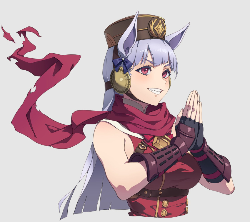 1girl animal_ears bangs black_gloves blunt_bangs brown_headwear dress ear_covers elbow_gloves fingerless_gloves gloves gold_ship_(umamusume) grey_hair grin hands_together highres horse_ears horse_girl long_hair looking_at_viewer own_hands_together pillbox_hat red_dress red_scarf scarf simple_background sleeveless sleeveless_dress smile solo teeth umamusume upper_body violet_eyes zzzearly