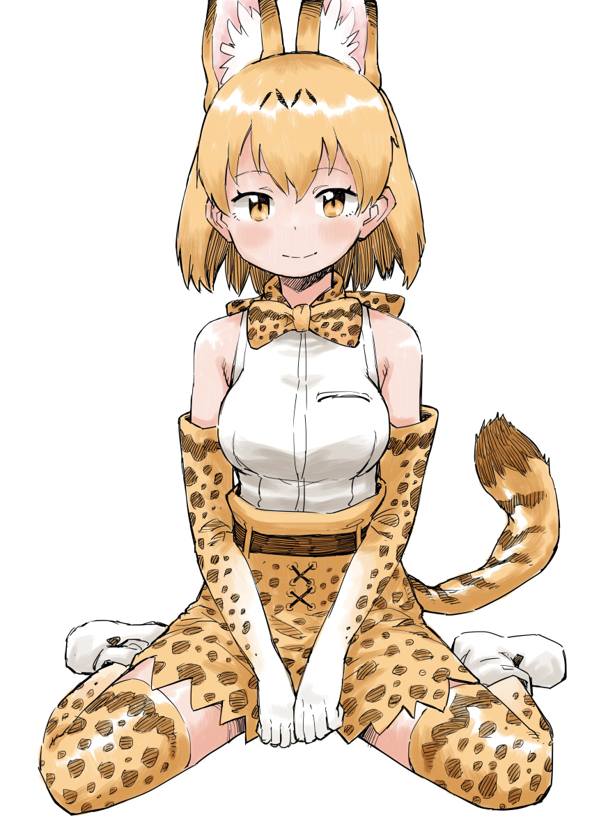 1girl absurdres animal_ears bare_shoulders blonde_hair blush boots bow bowtie commentary_request earthisfire elbow_gloves extra_ears eyebrows_visible_through_hair gloves high-waist_skirt highres kemono_friends print_gloves print_neckwear print_skirt serval_(kemono_friends) serval_ears serval_girl serval_print serval_tail shirt short_hair sitting skirt sleeveless smile solo tail thigh-highs wariza white_footwear white_shirt yellow_eyes zettai_ryouiki