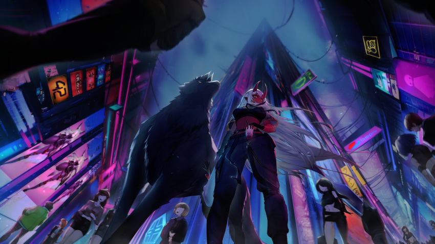 2boys 6+girls absurdres akumi_(yoclesh) belt black_belt black_gloves black_hair black_pants breasts building cable colored_skin cup cyberpunk dyarikku_(vtuber) faceless faceless_female fingerless_gloves floating_hair from_below gloves highres holding holding_cup horns indie_virtual_youtuber jin_grey_paladin long_hair medium_breasts midriff multiple_boys multiple_girls oni oni_horns open_mouth pants perspective red_skin science_fiction single_glove solo_focus virtual_youtuber white_hair wolf