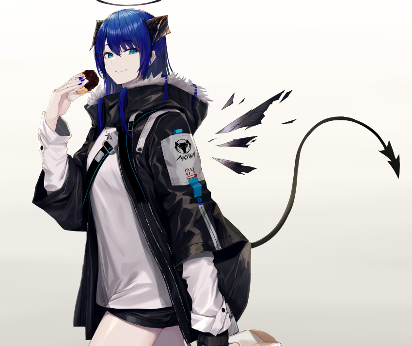 1girl absurdres arknights bangs black_jacket black_shorts blue_eyes blue_hair closed_mouth commentary_request curled_horns detached_wings doughnut eyebrows_visible_through_hair food fur-trimmed_hood fur_trim gradient gradient_background grey_background hair_between_eyes halo hand_up highres holding holding_food hood hood_down hooded_jacket horns jacket kurogiri long_hair long_sleeves looking_at_viewer mostima_(arknights) open_clothes open_jacket pastry_box shirt short_shorts shorts smile solo tail white_shirt wings