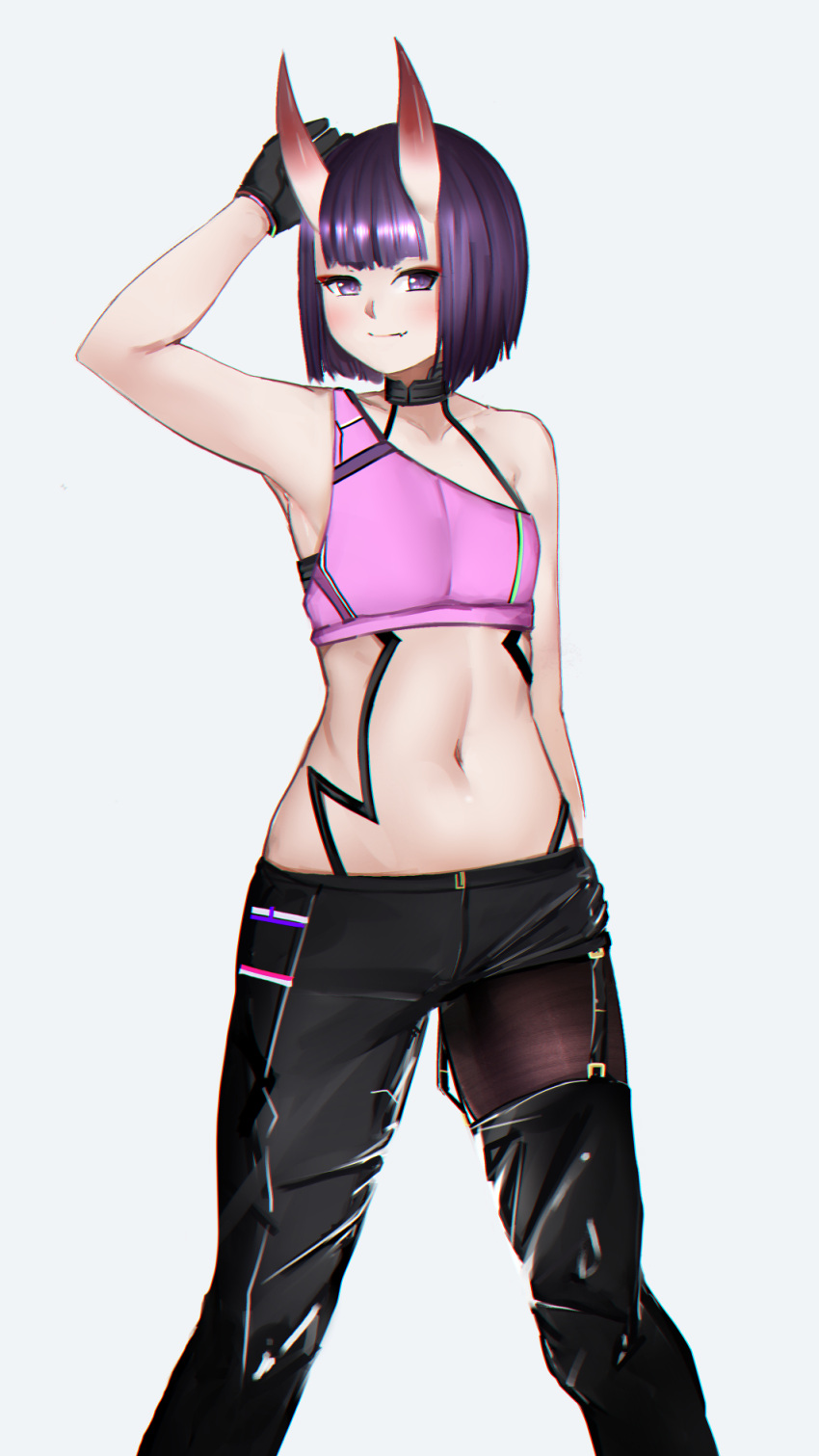 1girl arm_behind_head arm_up armpits bangs bare_shoulders black_gloves black_pants blush bob_cut breasts collarbone contemporary eyeliner fate/grand_order fate_(series) gloves highres horns looking_at_viewer makeup navel oni oni_horns pants pink_sports_bra purple_hair selarz short_hair shuten_douji_(fate) skin-covered_horns small_breasts smile solo sports_bra violet_eyes