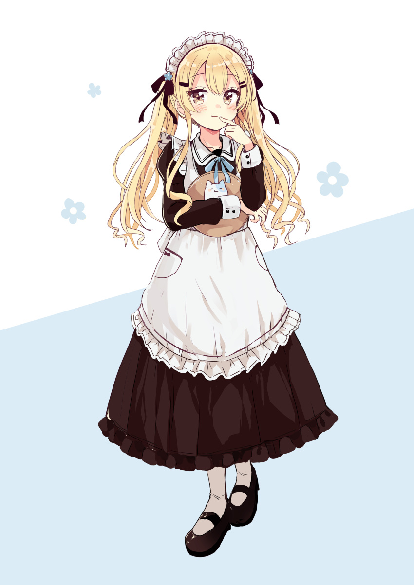 1girl absurdres apron bangs black_dress black_footwear blonde_hair blue_background blush brown_eyes brown_legwear closed_mouth dress eyebrows_visible_through_hair finger_to_mouth flower frilled_apron frills full_body hand_up highres juliet_sleeves long_hair long_sleeves looking_at_viewer maid maid_apron maid_headdress object_hug original pantyhose pleated_dress puffy_sleeves sakura_oriko shoes solo standing tray twintails two-tone_background very_long_hair white_apron white_background white_flower