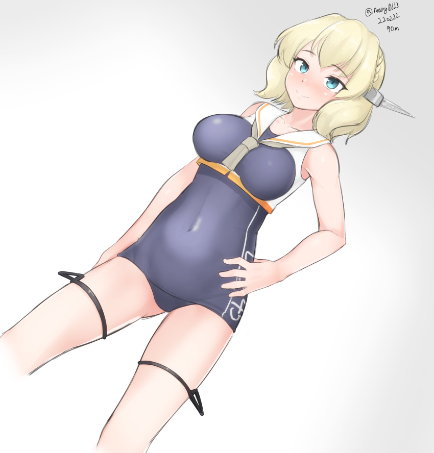 1girl absurdres black_swimsuit blonde_hair blue_eyes braid breast_cutout breasts colorado_(kancolle) cosplay covered_navel cowboy_shot crop_top dated dutch_angle framed_breasts gradient gradient_background hand_on_hip headgear highres i-13_(kancolle) i-13_(kancolle)_(cosplay) kantai_collection large_breasts maru_(marg0613) necktie one-hour_drawing_challenge sailor_collar school_swimsuit short_hair side_braids solo swimsuit swimsuit_under_clothes twitter_username white_background white_necktie white_sailor_collar