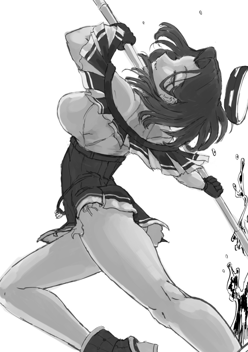 1girl boots capelet commentary_request cowboy_shot dress glaive greyscale highres kantai_collection mechanical_halo monochrome mrdotd pleated_dress pose remodel_(kantai_collection) short_hair simple_background solo tatsuta_(kancolle) water