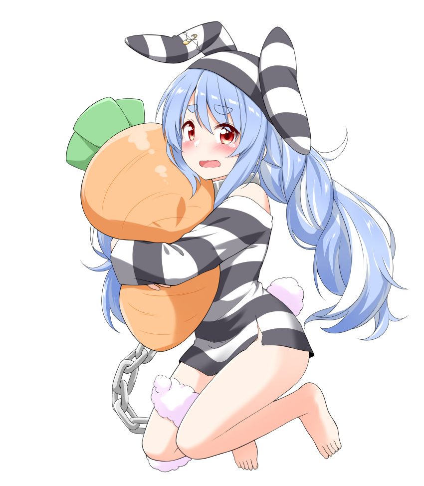 1girl absurdres animal_ear_fluff animal_ears bangs barefoot blue_hair blush braid bunny_tail carrot_pillow chain cuffs eyebrows_visible_through_hair fake_animal_ears felutiahime hair_ornament highres hololive long_hair long_sleeves looking_at_viewer open_mouth pillow pillow_hug prison_clothes rabbit_ears shirt single_bare_shoulder solo striped striped_shirt tail tearing_up twin_braids usada_pekora virtual_youtuber white_background