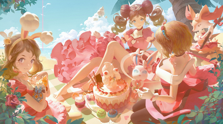 3girls absurdres alcremie alcremie_(strawberry_sweet) bangs barefoot beach blue_eyes blush bow_hairband braixen breasts brown_hair brown_legwear cake closed_mouth clouds commentary_request cupcake cutiefly day dress drill_hair drinking_straw egg eyelashes food fruit gen_2_pokemon gen_3_pokemon gen_4_pokemon gen_5_pokemon gen_6_pokemon gen_7_pokemon gen_8_pokemon geoffthrills grey_eyes hair_tie hairband highres holding holding_egg huge_filesize looking_at_viewer lucario may_(pokemon) multiple_girls orange_(food) orange_slice outdoors palm_tree pantyhose picnic_basket pink_dress pokemon pokemon_(anime) pokemon_(creature) pokemon_(game) pokemon_bw2 pokemon_masters_ex pokemon_xy_(anime) pokestar_studios rosa_(pokemon) sand serena_(pokemon) shore short_hair short_sleeves sitting sky smile sylveon tiara tied_hair toes togepi torchic tree twin_drills twintails vanillite water yellow_hairband