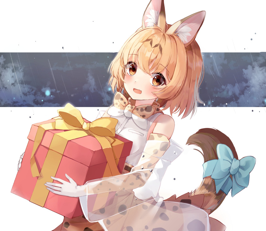 1girl animal_ears bare_shoulders blonde_hair blush bow bowtie commentary_request elbow_gloves eyebrows_visible_through_hair fang gift gloves high-waist_skirt highres kemono_friends open_mouth print_gloves print_neckwear print_skirt rain serval_(kemono_friends) serval_ears serval_girl serval_print serval_tail shirt short_hair skirt sleeveless solo tail tail_bow tail_ornament unwoo770122 upper_body white_shirt yellow_eyes