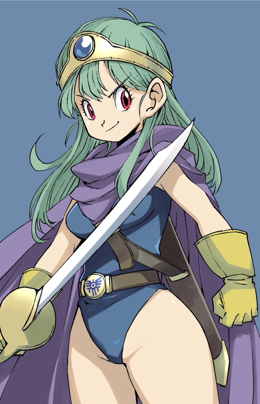 1girl blue_background blue_leotard cape capelet circlet cloak commentary_request cowboy_shot dragon_quest dragon_quest_iii gloves green_hair highres leotard long_hair looking_at_viewer muramasa_mikado purple_cape red_eyes roto simple_background smile solo sword weapon yellow_gloves