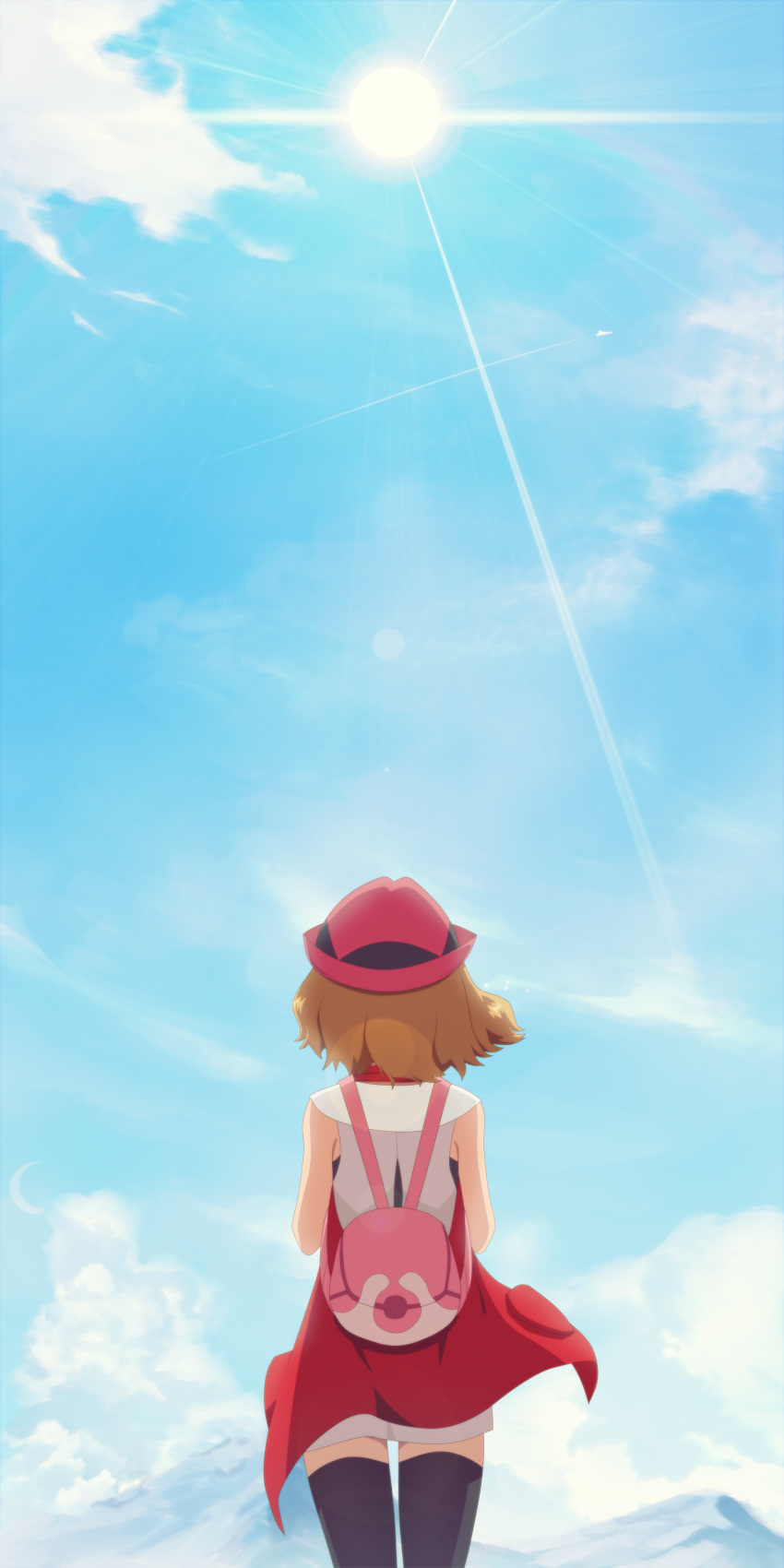 1girl absurdres backpack bag bare_arms black_legwear brown_hair clouds commentary_request day from_behind gazing_eye hat highres mountainous_horizon outdoors pink_bag pokemon pokemon_(anime) pokemon_xy_(anime) serena_(pokemon) short_hair sky sleeveless solo sun thigh-highs