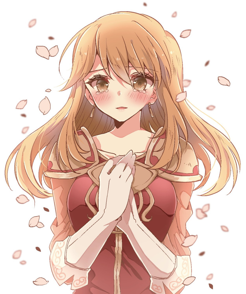 1girl armor bangs blush brown_hair collarbone crying crying_with_eyes_open earrings eyebrows_visible_through_hair fire_emblem fire_emblem:_genealogy_of_the_holy_war floating_hair hands_together highres jewelry lachesis_(fire_emblem) long_hair open_mouth osui_aruko petals red_shirt shirt shoulder_armor solo tears upper_body