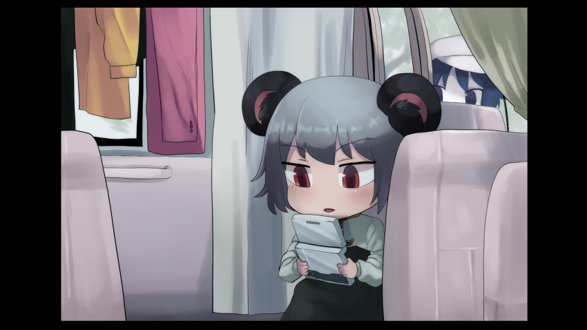 2girls animal_ears bangs black_eyes black_hair blush capelet colored_skin commentary_request cookie_(touhou) eyebrows_visible_through_hair feet_out_of_frame fuka_(kantoku) game_boy_advance_sp grey_hair grey_skirt grey_vest handheld_game_console hat highres holding indoors jacket long_sleeves looking_at_another milk_(cookie) mouse_ears multiple_girls murasa_minamitsu nazrin nyon_(cookie) open_mouth red_eyes shirt short_hair skirt touhou vest white_capelet white_headwear white_shirt white_skin yellow_jacket