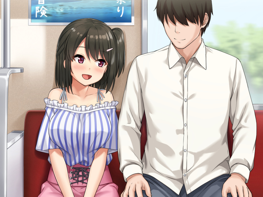 1boy 1girl :d black_hair blush breasts brother_and_sister collarbone commentary_request diletta faceless faceless_male hair_ornament hairclip height_difference highres large_breasts long_sleeves looking_at_another open_mouth original pink_skirt sawada_yuusuke shirt short_hair short_sleeves siblings sitting skirt smile striped striped_shirt vertical-striped_shirt vertical_stripes white_shirt