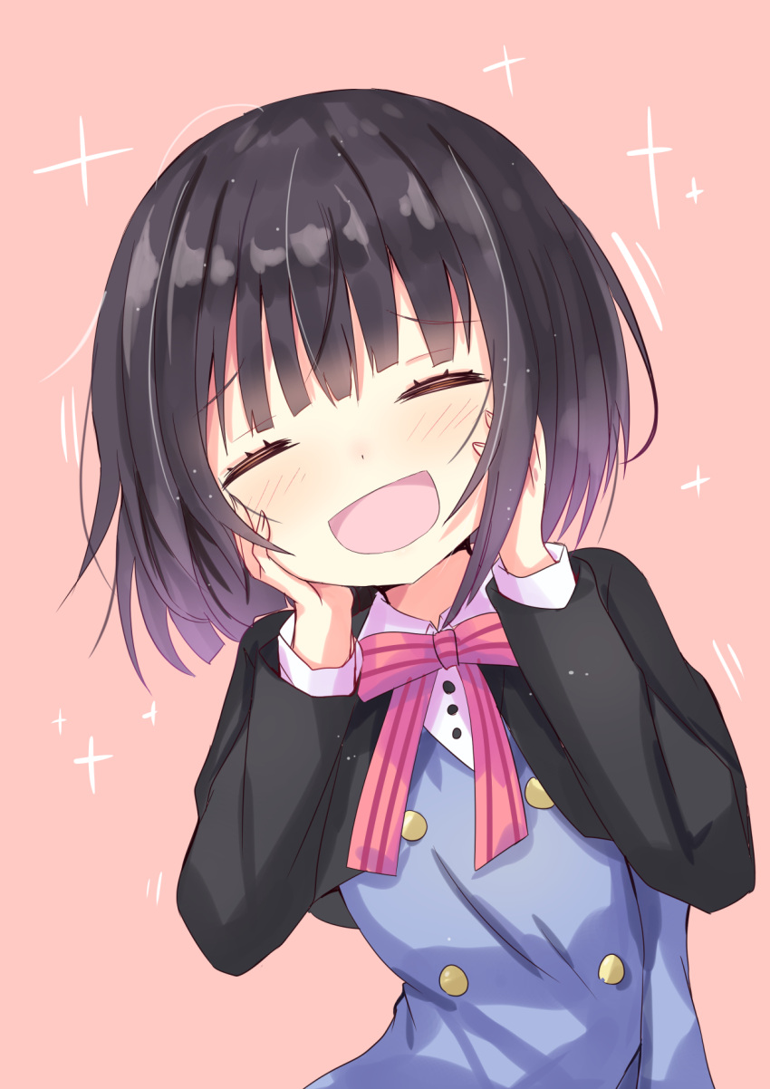 1girl :d bangs black_hair black_jacket blue_dress blush bow brown_background closed_eyes collared_shirt commentary_request cropped_jacket dress eyebrows_visible_through_hair facing_viewer hands_on_own_face hands_up highres hizaka jacket kin-iro_mosaic long_sleeves oomiya_shinobu open_clothes open_jacket open_mouth pink_bow shirt simple_background smile solo striped striped_bow white_shirt