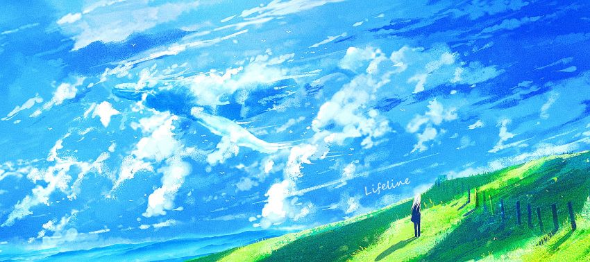1girl blue_sky blur blurry blurry_background cloud_focus clouds commentary_request fantasy fence field flying_whale from_behind grass highres landscape lifeline_(a384079959) long_hair mountainous_horizon scenery shadow signature sky solo standing whale white_hair