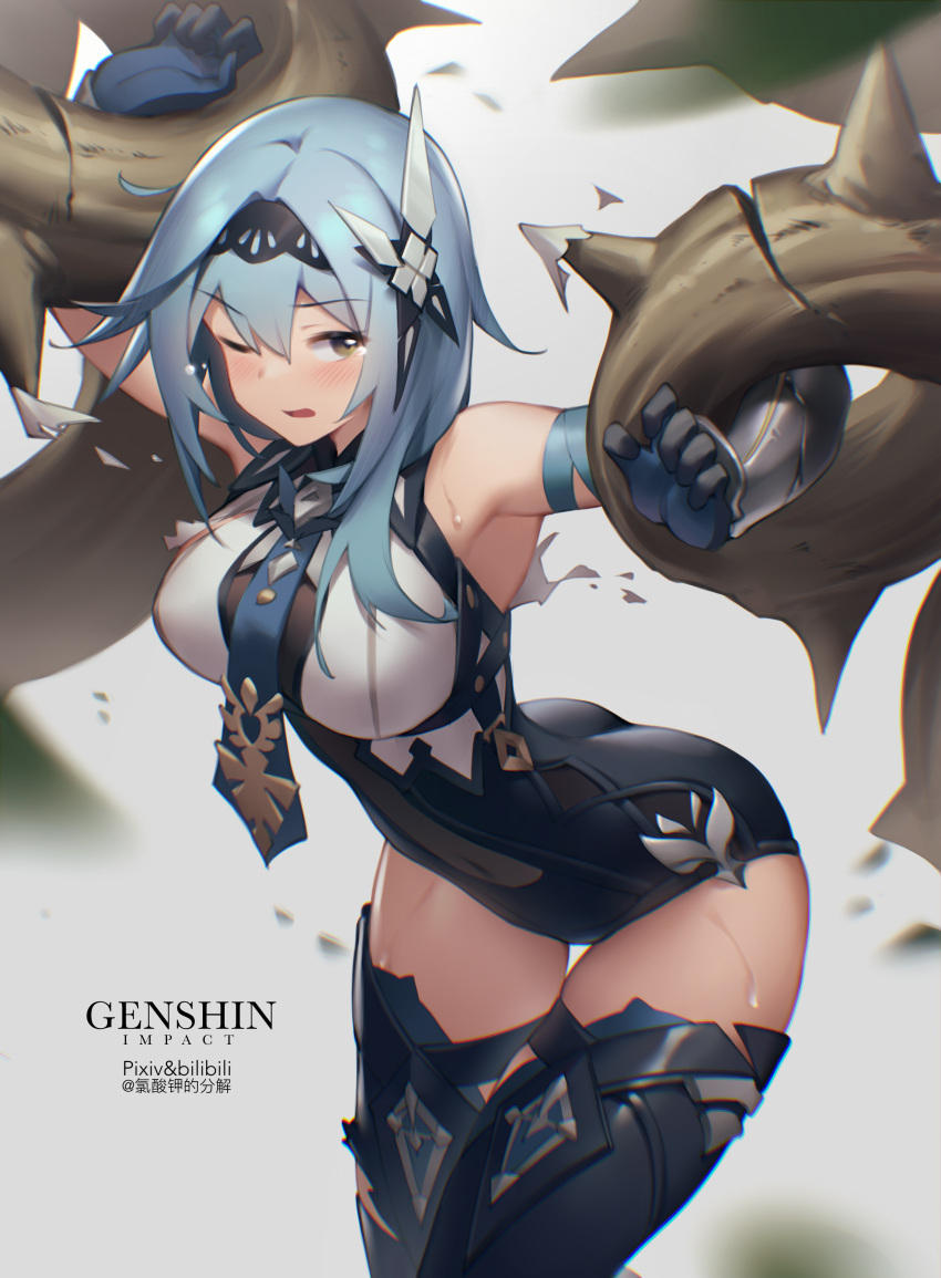 1girl absurdres arm_up armpits ass bare_shoulders between_breasts bilibili_xiaolu black_legwear blue_hair blue_neckwear blush bodystocking bound bound_arms breasts center_opening covered_navel eula_lawrence genshin_impact gloves hairband highres huge_filesize leotard long_sleeves looking_at_viewer medium_breasts medium_hair necktie necktie_between_breasts one_eye_closed open_mouth pantyhose plant restrained thigh-highs thighs thorns vambraces vines yellow_eyes