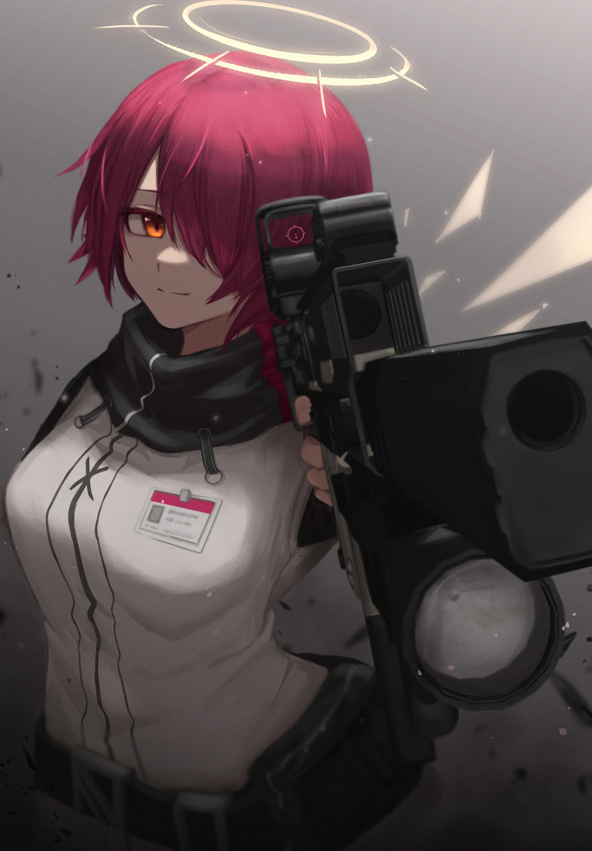1girl absurdres aiming_at_viewer arknights belt black_background black_belt breasts detached_wings exusiai_(arknights) fingerless_gloves gloves gradient gradient_background grey_background gun hair_over_one_eye halo highres holding holding_gun holding_weapon jacket kriss_vector looking_at_viewer medium_breasts name_tag pantyhose pouch red_eyes redhead short_hair simple_background smile solo submachine_gun suzutaro upper_body weapon white_jacket wings