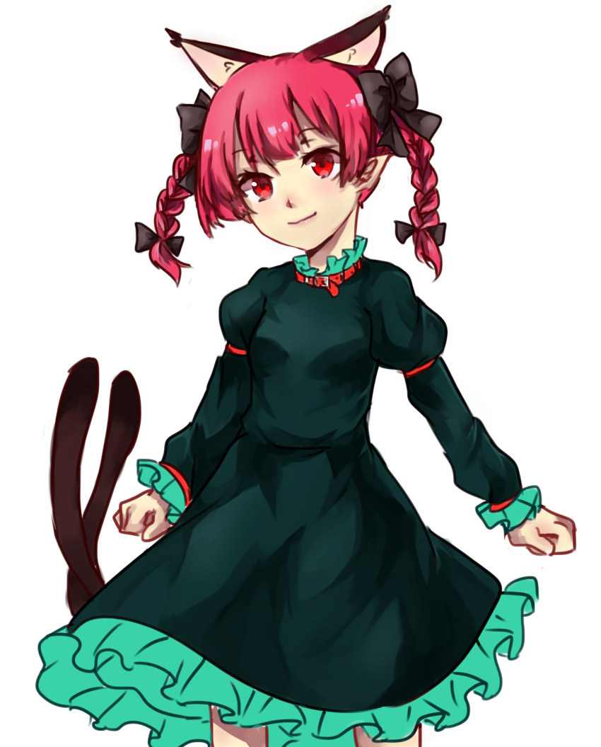 1girl animal_ear_fluff animal_ears braid breasts cat_ears cat_tail cowboy_shot dress extra_ears green_dress highres juliet_sleeves kaenbyou_rin kani_nyan long_hair long_sleeves looking_at_viewer multiple_tails nekomata pointy_ears puffy_sleeves red_eyes redhead simple_background small_breasts smile solo tail touhou twin_braids twintails two_tails white_background