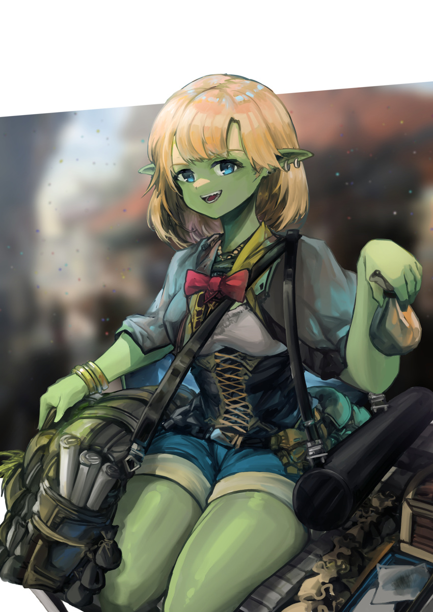 1girl absurdres alternate_skin_color bag bangs blonde_hair blue_eyes blue_shorts bow bowtie bracelet capelet colored_skin corset ear_piercing fangs female_goblin goblin green_skin grey_capelet highres hololive hololive_english jewelry long_pointy_ears looking_at_viewer map medium_hair monsterification open_mouth piercing pointy_ears potion red_bow shirt short_shorts shorts sitting solo teeth thighs vyragami watson_amelia white_shirt world_of_darkness