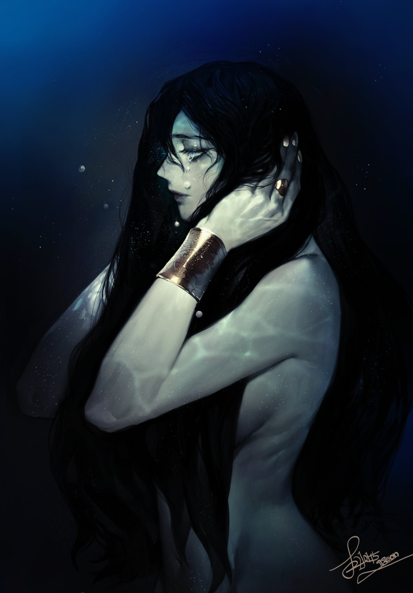 1other absurdres androgynous black_hair blue_eyes blue_theme bracelet closed_mouth crying crying_with_eyes_open from_side hands_up highres jewelry long_hair original pigeon666 profile ring signature solo tears underwater