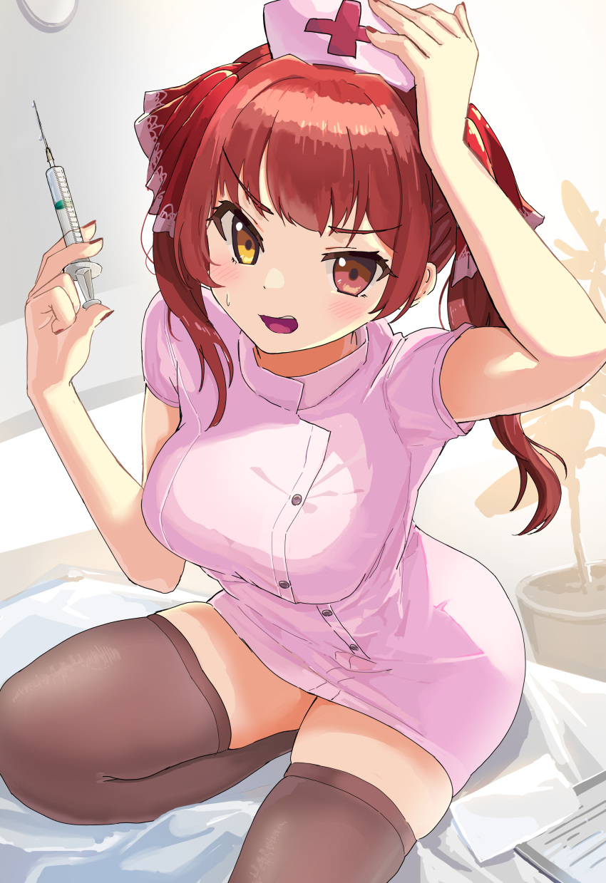 1girl absurdres alternate_costume arm_up bed black_legwear blush breasts commentary cowboy_shot dress eyebrows_visible_through_hair hair_ribbon hand_on_headwear hat heterochromia highres holding holding_syringe hololive houshou_marine looking_at_viewer medium_breasts medium_hair nail_polish nurse nurse_cap on_bed open_mouth pencil_dress pink_dress pink_headwear red_cross red_eyes red_nails red_ribbon redhead ribbon shogyo_kamo_mujo short_sleeves skindentation solo sunlight sweatdrop syringe thigh-highs thighs twintails virtual_youtuber yellow_eyes zettai_ryouiki