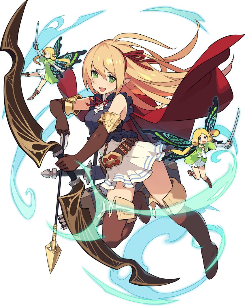 3girls arisa_(shadowverse) arm_up armlet arrow_(projectile) artist_request aura bangs bare_shoulders belt black_gloves blonde_hair blue_eyes blue_outline blue_shirt blush boots bow_(weapon) breasts brown_footwear butterfly_wings cape clenched_hand closed_mouth dress elbow_gloves eyebrows_visible_through_hair fairy fairy_wings frilled_skirt frills full_body gloves green_dress green_eyes hair_ribbon hair_tie hairband hand_up happy high-waist_skirt highres holding holding_arrow holding_bow_(weapon) holding_sword holding_weapon jewelry knee_boots knees_together_feet_apart layered_sleeves leg_up light_blush long_hair long_sleeves looking_at_viewer multiple_girls neck_ribbon non-web_source official_art one_eye_closed open_mouth outline outstretched_arm parted_bangs pointy_ears quiver red_cape red_hairband red_neckwear red_ribbon ribbon shadowverse sheath sheathed shiny shiny_hair shirt short_over_long_sleeves short_sleeves sidelocks single_earring skin_tight skirt sleeveless sleeveless_shirt small_breasts smile solo_focus spread_legs sword teeth thigh-highs thigh_boots tied_hair transparent_background twintails v-shaped_eyebrows weapon white_skirt wings world_flipper zettai_ryouiki