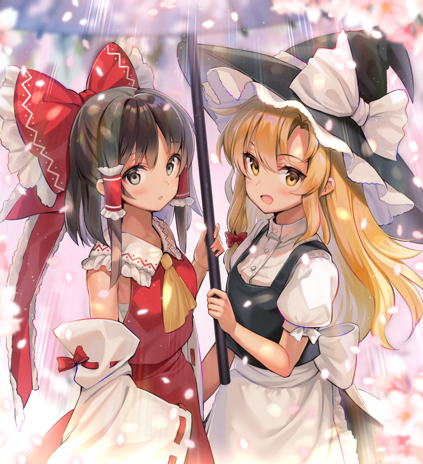 2girls :d :o apron black_dress blonde_hair blurry bow breasts brown_eyes brown_hair cherry_blossoms commentary_request cowboy_shot depth_of_field detached_sleeves diffraction_spikes dress frills hair_bow hair_tubes hakurei_reimu hat highres holding holding_umbrella kirisame_marisa kiyosato_0928 light_rays long_hair medium_breasts medium_hair multiple_girls open_mouth red_dress sarashi smile touhou umbrella waist_apron witch_hat yellow_eyes