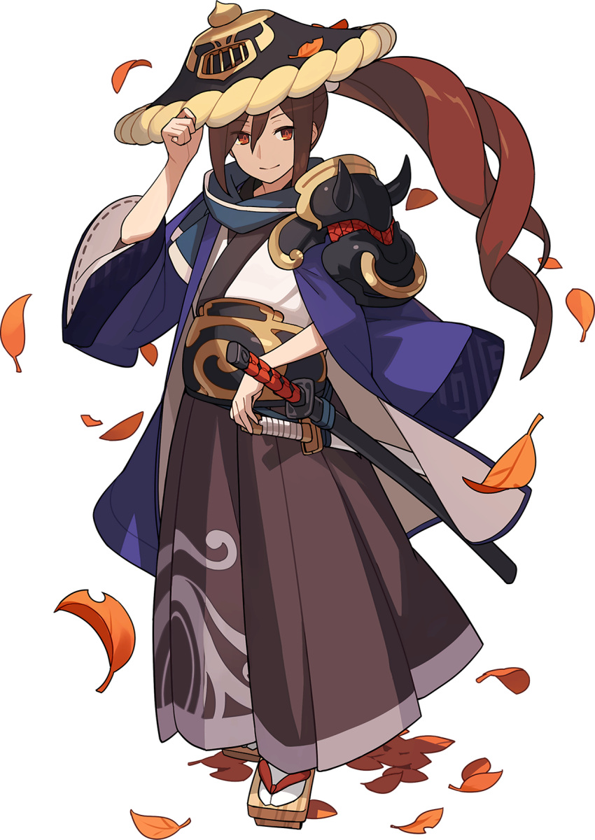1boy adjusting_clothes adjusting_headwear armor artist_request autumn_leaves bangs belt black_headwear blue_scarf brown_footwear brown_hair brown_hakama closed_mouth eyebrows_visible_through_hair full_body hair_tie hakama hakama_pants hand_up haori happy hat high_ponytail highres japanese_clothes katana kimono leaf long_hair long_sleeves looking_to_the_side male_focus non-web_source official_art red_eyes sandals scarf sheath sheathed shiny shiny_hair shoulder_armor shoulder_spikes sidelocks smile socks solo soushiro_(world_flipper) spikes standing sword tabi tied_hair transparent_background weapon white_kimono white_legwear wide_sleeves world_flipper