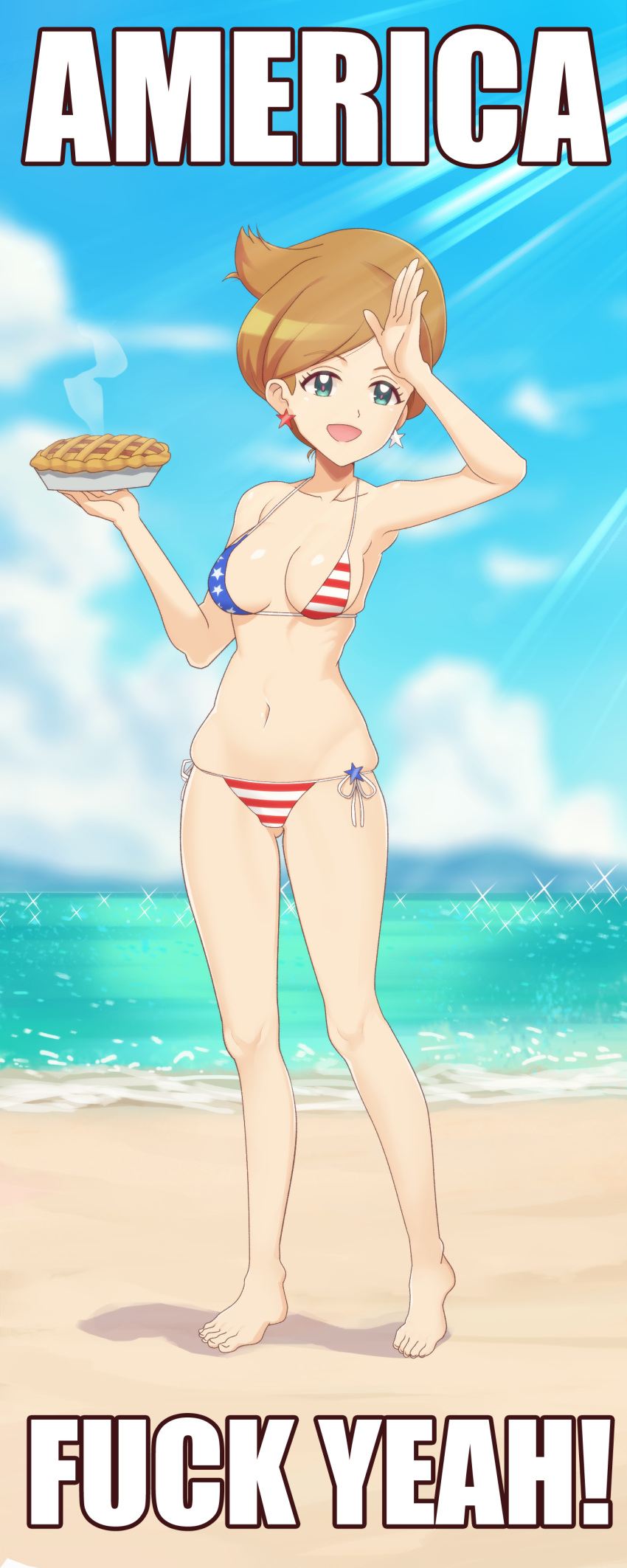 1girl absurdres alternate_costume american_flag_bikini apple_pie ass_visible_through_thighs aurea_juniper barefoot bikini breasts brown_hair clouds collarbone commentary day earrings english_commentary english_text eyebrows_visible_through_hair eyelashes flag_print full_body gazing_eye green_eyes highres holding impact_(font) jewelry knees navel open_mouth outdoors pokemon pokemon_(game) pokemon_bw sand shiny shiny_skin shore short_hair side-tie_bikini sky smile solo sparkle standing steam swimsuit toes water