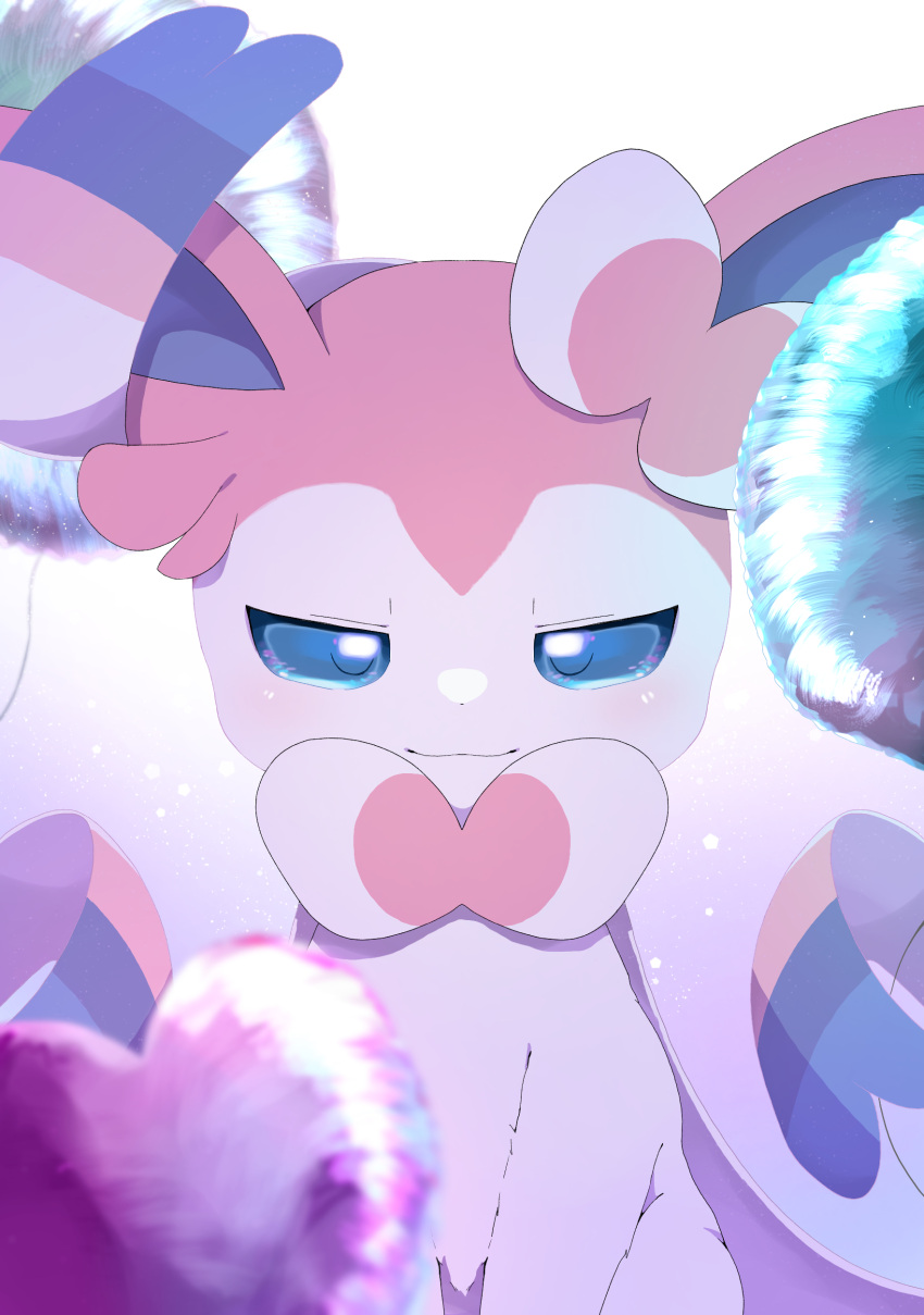 absurdres balloon blue_eyes blurry blush closed_mouth commentary_request gen_6_pokemon highres looking_at_viewer moi_moi_123 no_humans pokemon pokemon_(creature) smile solo sylveon