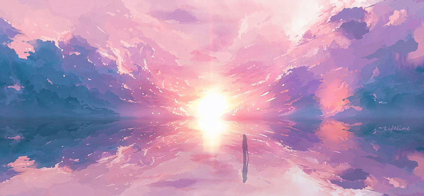 1girl blur cloud_focus clouds cloudy_sky commentary_request fantasy gradient highres holding holding_umbrella lifeline_(a384079959) light long_hair long_sleeves multicolored original pants pink_sky reflective_floor scenery shadow signature silhouette sky sunset umbrella
