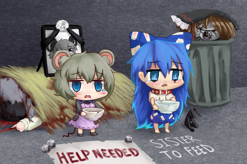 4girls android animal_collar animal_ears bangs begging black_bow blood blue_bow blue_eyes blue_skirt bow brown_hair chibi collar cookie_(touhou) corpse debt dress english_commentary english_text eyebrows_visible_through_hair fake_nyon_(cookie) full_body grey_hoodie grey_shirt hair_between_eyes hair_bow hakurei_reimu holding holding_bow hood hoodie iei large_bow long_hair mochiya_(cookie) mouse_ears multiple_girls nazrin nyon_(cookie) open_mouth patch patches patchwork_clothes pinafore_dress pink_dress poverty rock shirt short_hair skirt stuffed_animal stuffed_cat stuffed_toy tearing_up tongjm touhou trash_can yorigami_shion zerukalo_(cookie)