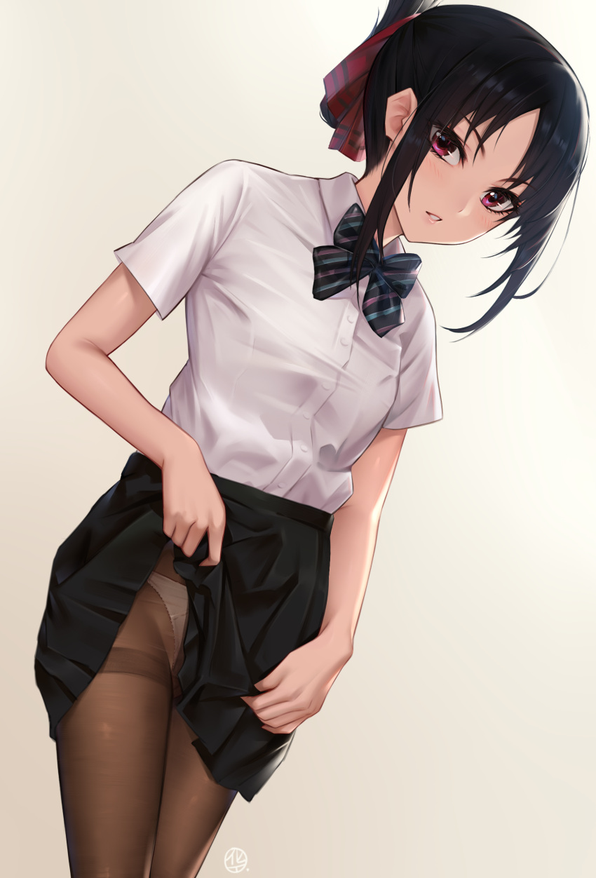 1girl absurdres bangs black_bow black_hair black_skirt blush bow bowtie chinese_commentary clothes_lift collared_shirt commentary_request dress_shirt highres hua-j kaguya-sama_wa_kokurasetai_~tensai-tachi_no_renai_zunousen~ lifted_by_self looking_at_viewer mouth_hold panties panties_under_pantyhose pantyhose parted_bangs shinomiya_kaguya shirt shirt_tucked_in short_sleeves skirt skirt_lift solo striped striped_bow striped_neckwear teeth underwear violet_eyes white_panties white_shirt