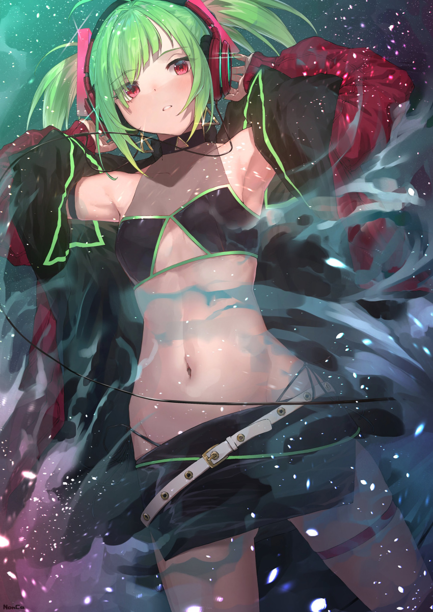 absurdres armpits bangs belt black_skirt blush crop_top delutaya eyebrows_visible_through_hair green_hair halter_top halterneck headphones highres indie_virtual_youtuber looking_at_viewer looking_down midriff navel nonca open_hands parted_lips red_eyes skirt smoke twintails virtual_youtuber white_belt